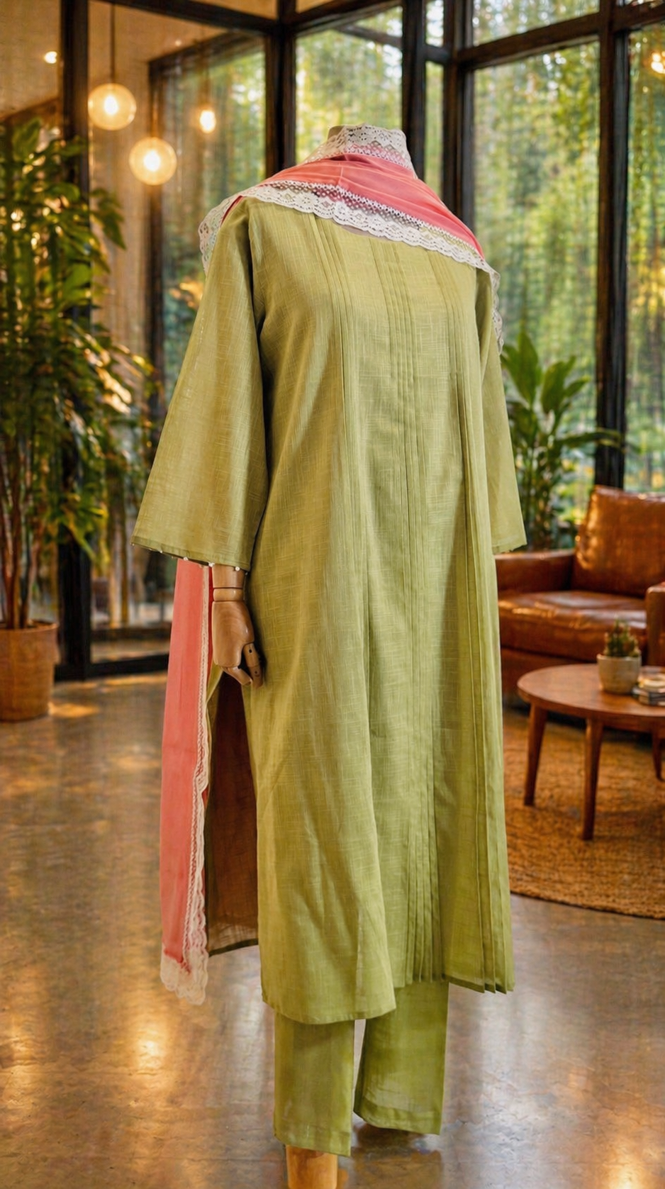 Women Green and Pink Kurta Set with Dupatta