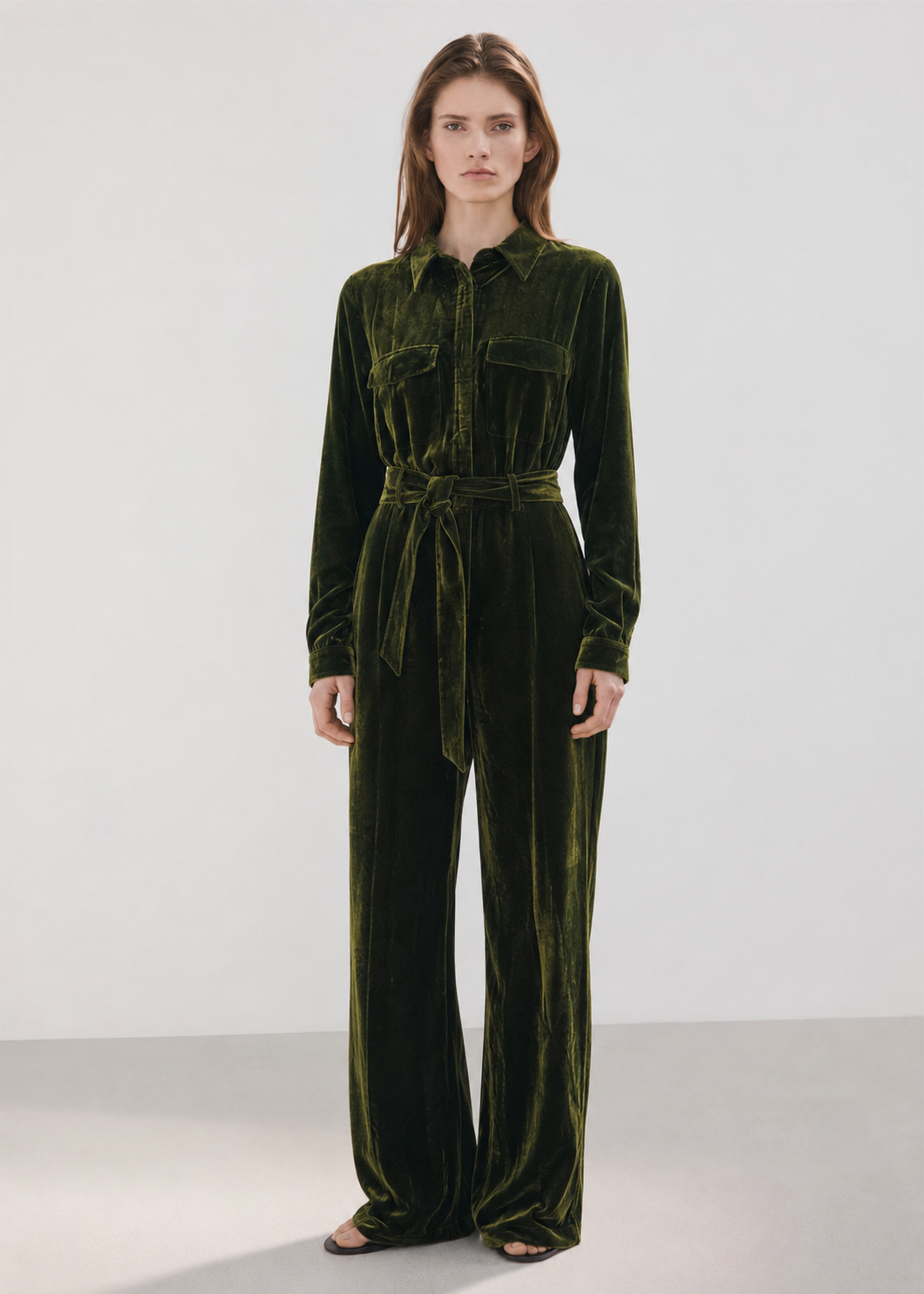 Women Olive Green Solid Velvet Basic Jumpsuit