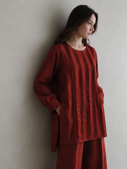 Women Brown Pleated Coord Set