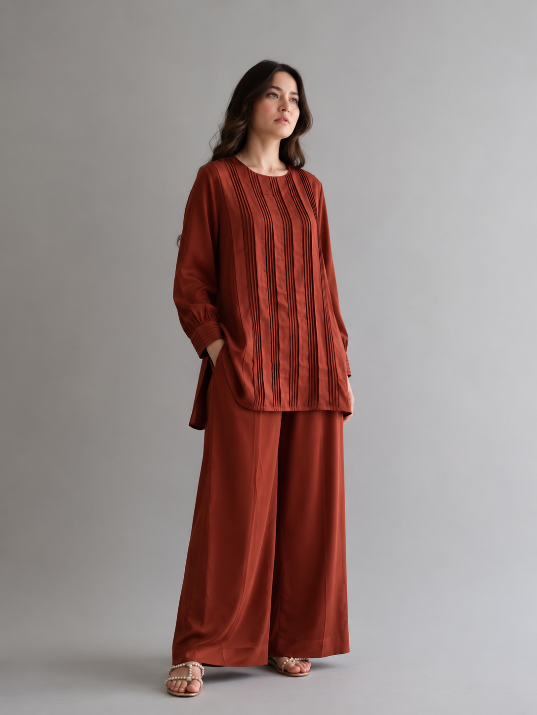 Women Brown Pleated Coord Set