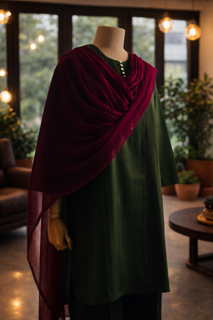 Women Olive Kurta Set with Dupatta