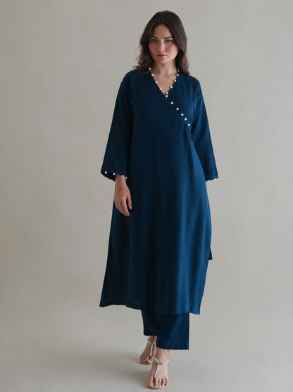 Women Teal Blue Pearl Embellished cotton Kurta Set