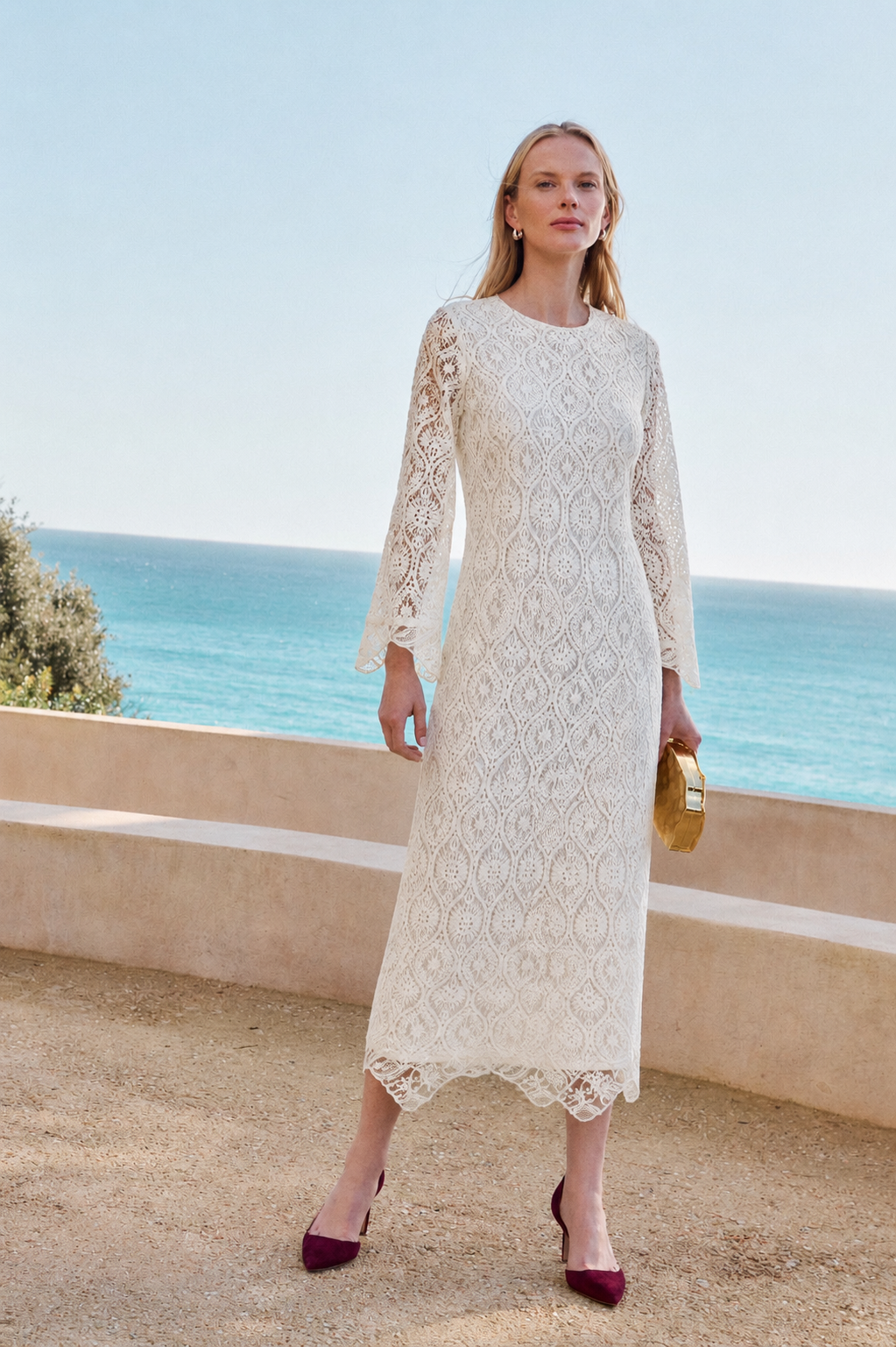 Women Off-white Lace Embroidered Maxi Dress