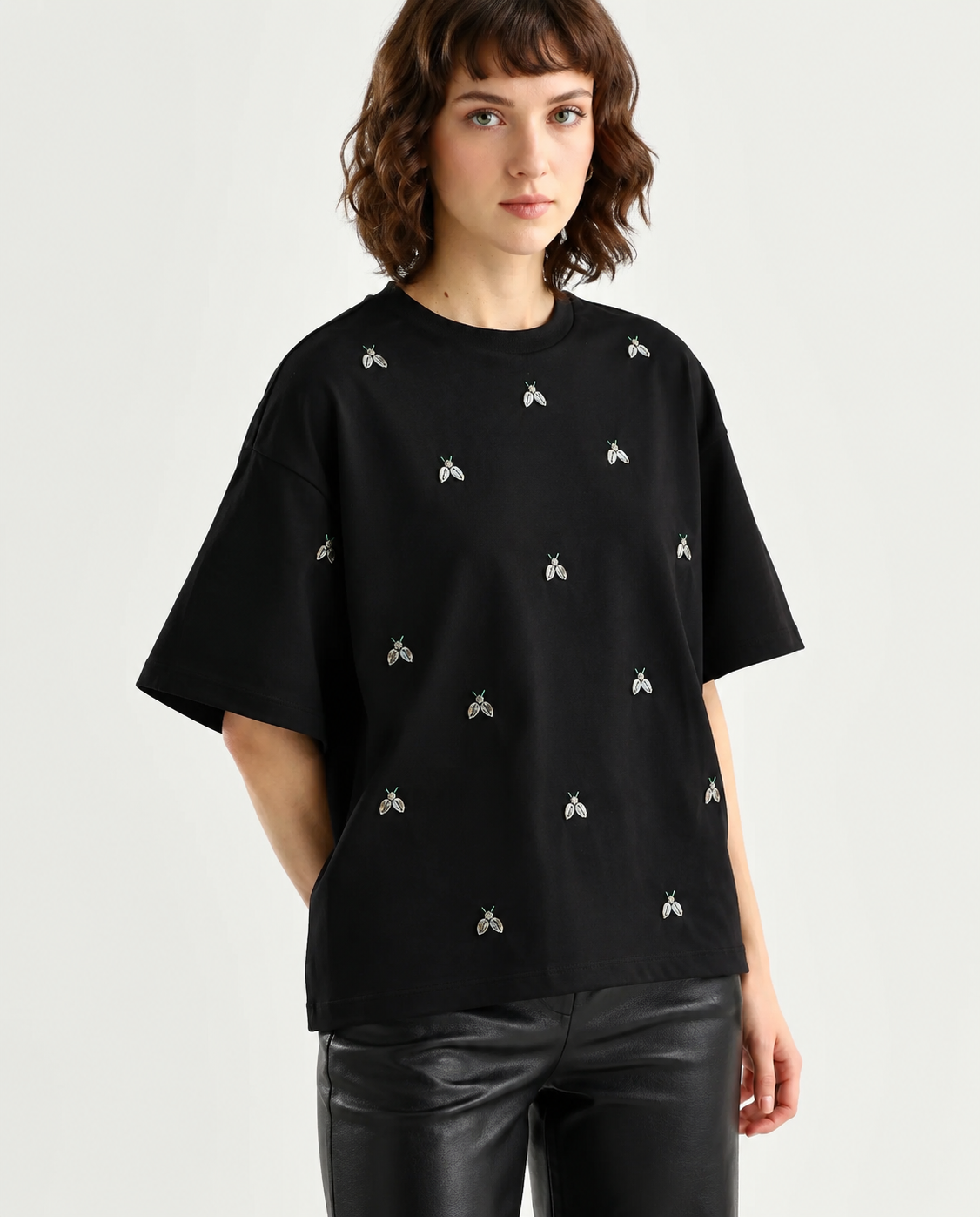 Women Black Embellished Tshirt