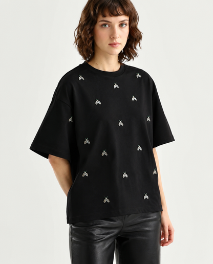 Women Black Embellished Tshirt