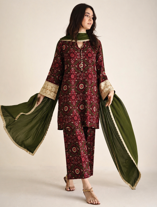 Women Maroon Printed Kurta Set with Dupatta
