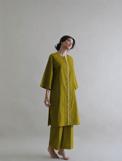 Women Olive Pearl Embellished Kurta Set