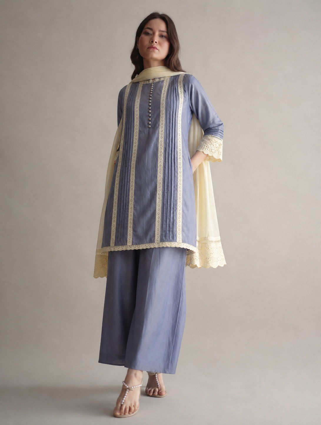 Women Grey Lace Kurta Set with Dupatta