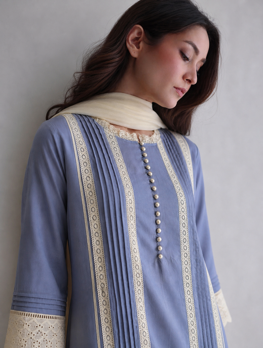 Women Grey Lace Kurta Set with Dupatta