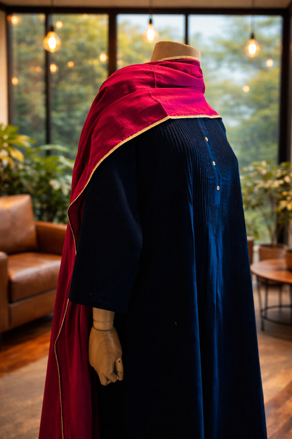 Women Navy Blue Kurta Set with Dupatta