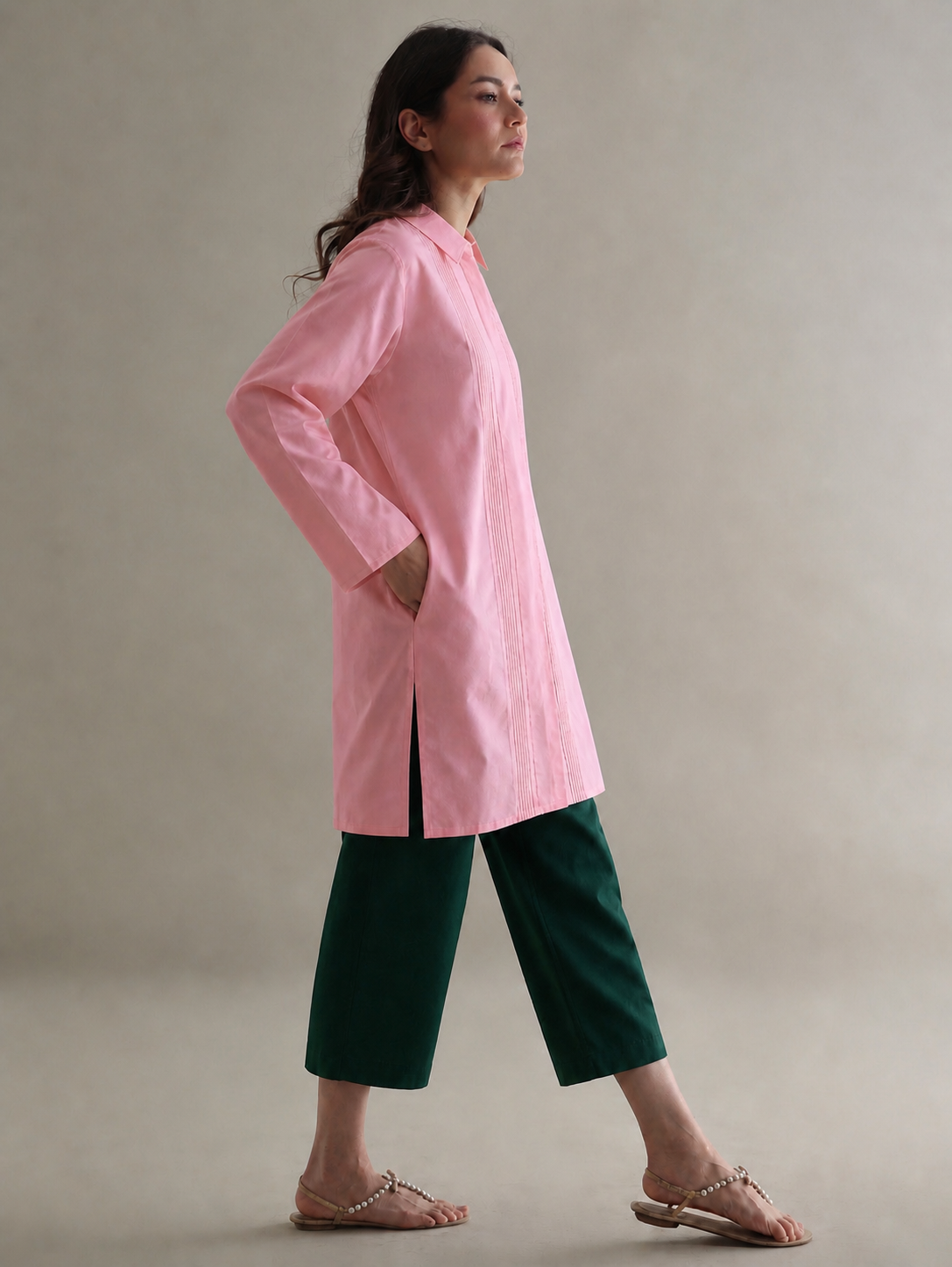 Women Sustainable Pink and Green Kurta Set