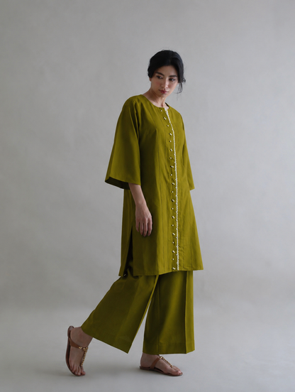 Women Olive Pearl Embellished Kurta Set