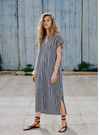 Women Black and White Striped Sustainable Cotton Embellished Shift Midi Dress
