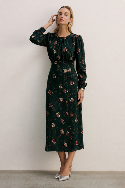 Women Green Floral Flounce Midi Fit&Flare Dress