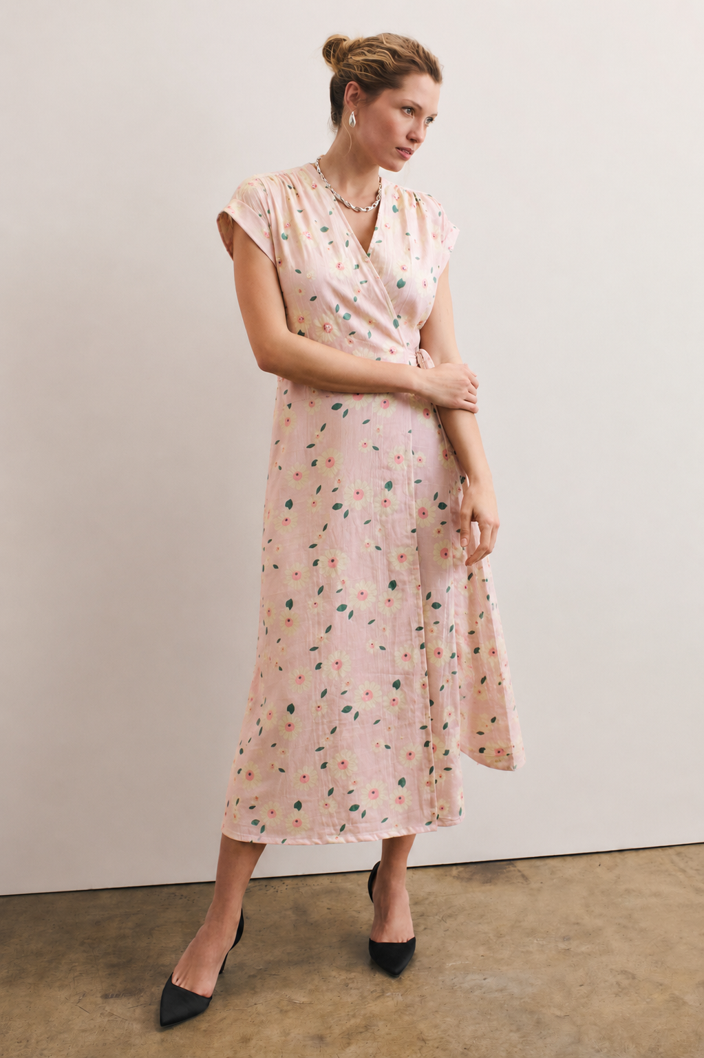 Women Pink Pearl Embellished  Wrap Dress