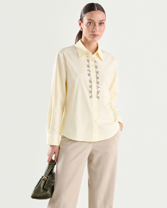 Women Yellow Cotton Embroidered Shirt