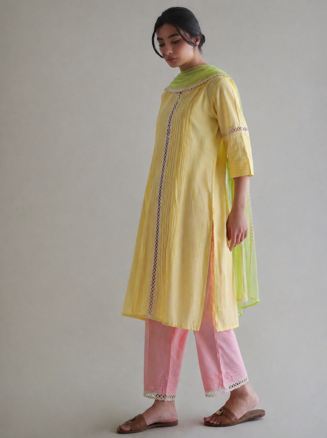 Women Yellow Cotton Kurta Set with Dupatta