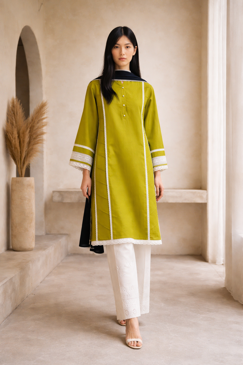 Women Light Green Lace Detailed Kurta Set with Dupatta