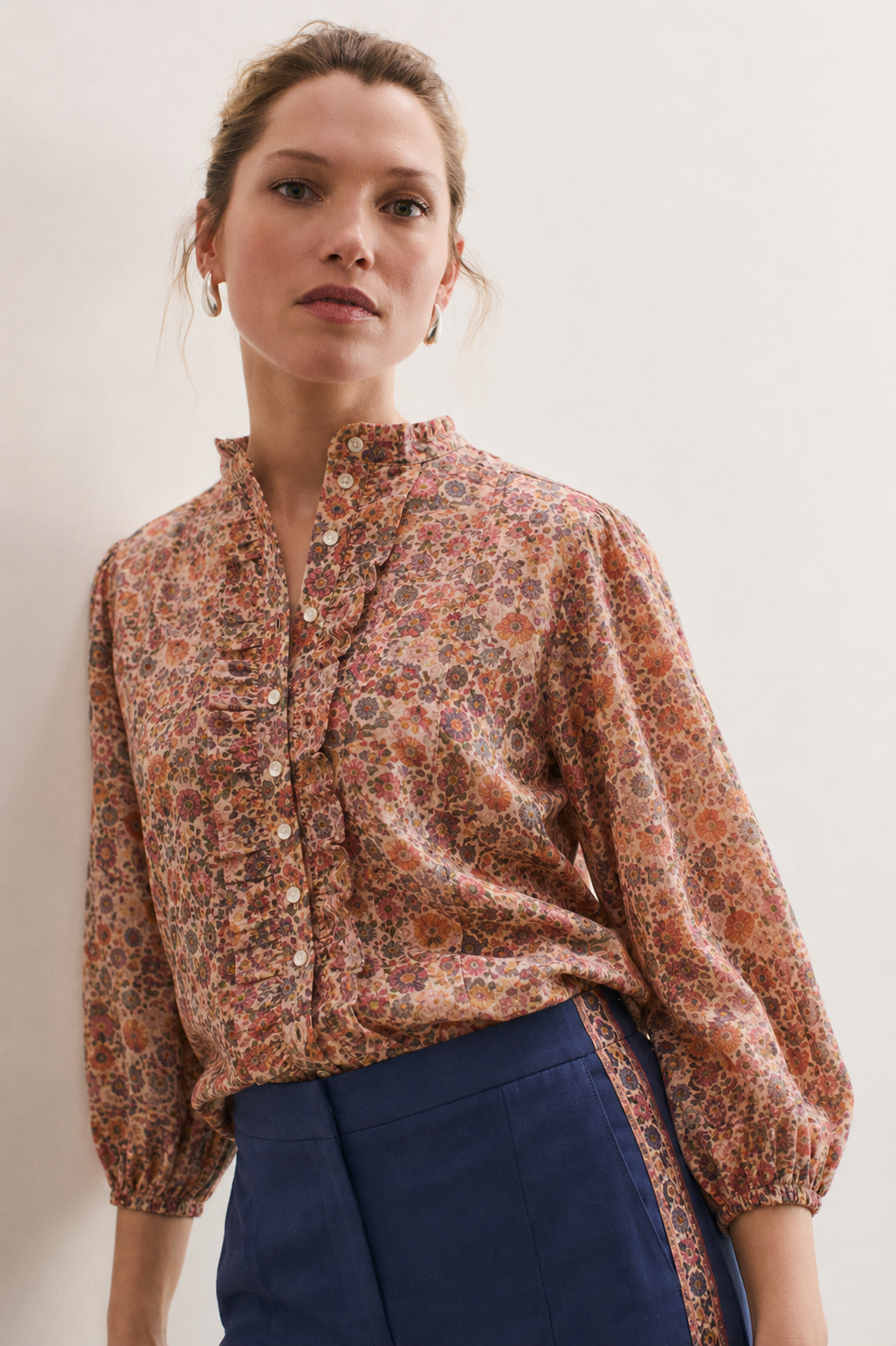 Women Floral Linen Top with Trouser Set
