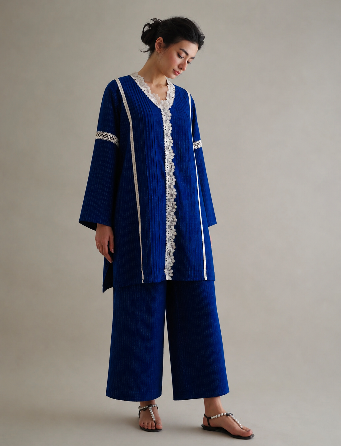 Women Navy Blue Lace Embellished Coordinate Set