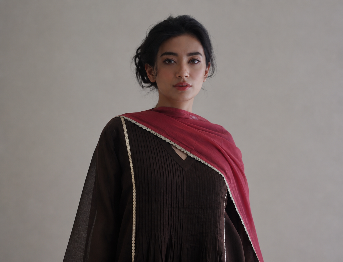 Women Brown Kurta Set with Dupatta