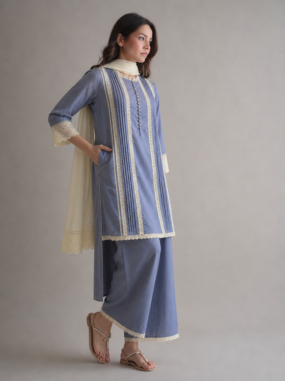 Women Grey Lace Kurta Set with Dupatta