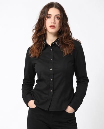 Women Black embellished Collar Slim Fit Shirt
