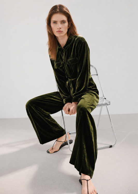 Women Olive Green Solid Velvet Basic Jumpsuit