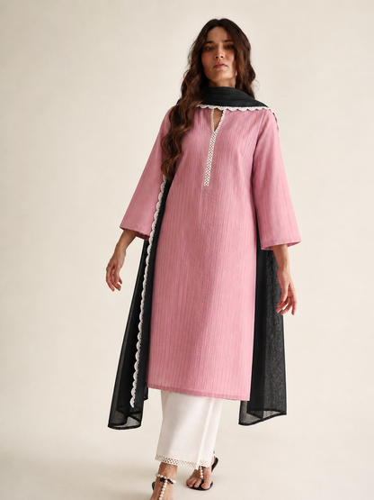 Women Pink Cotton Kurta Set with Dupatta