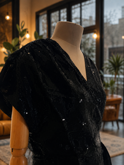 Women Black Sequins Wrap around Dress