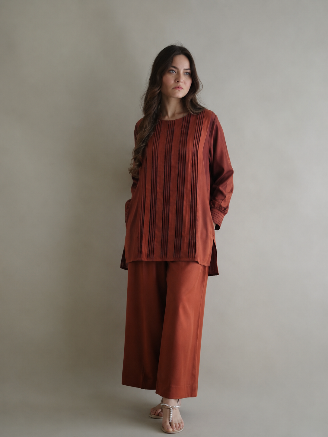 Women Brown Pleated Coord Set