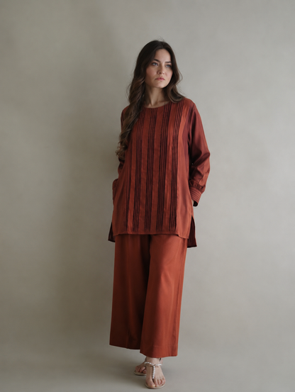 Women Brown Pleated Coord Set