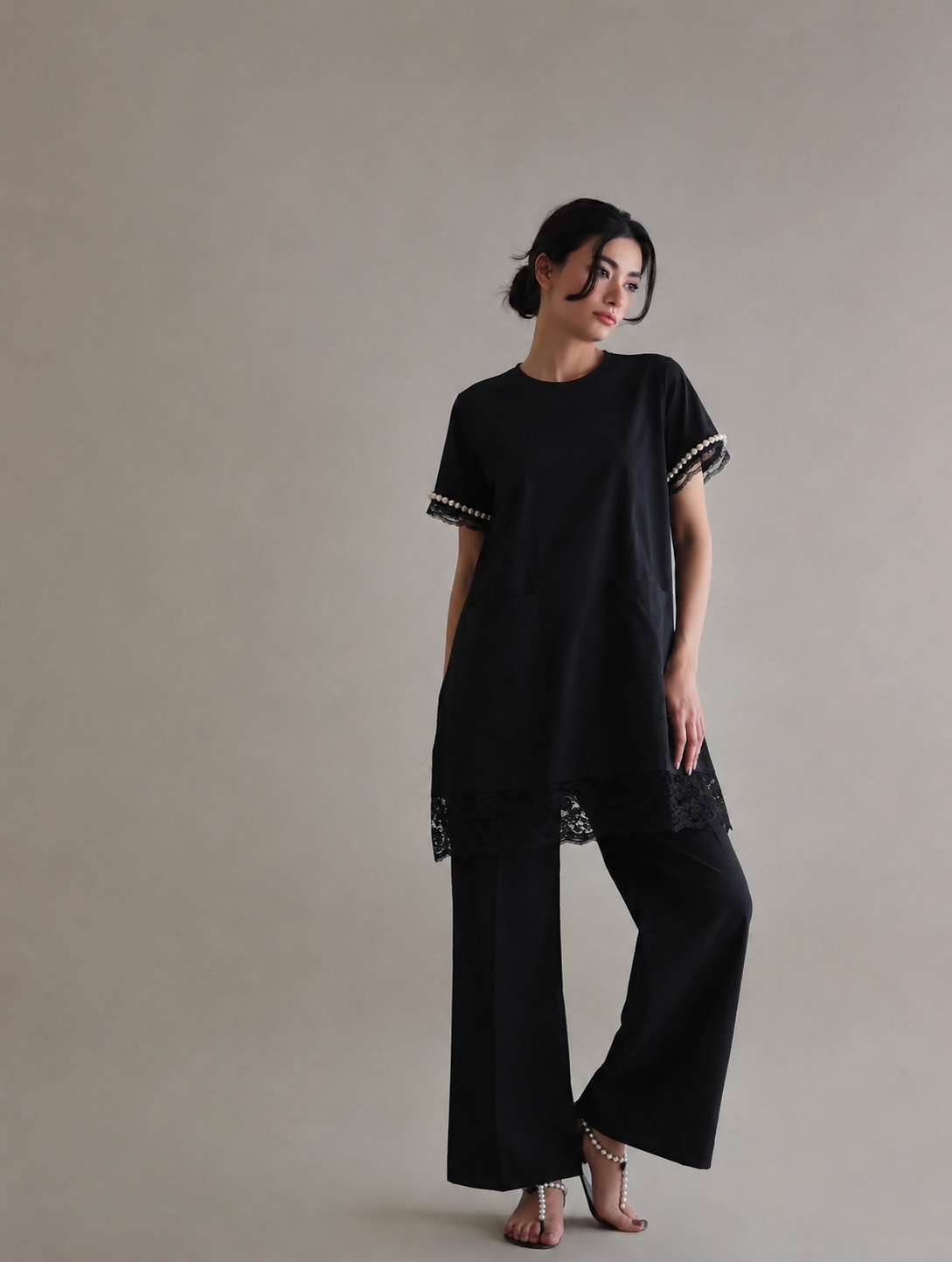 Women Black Peal Embellished Co-ord