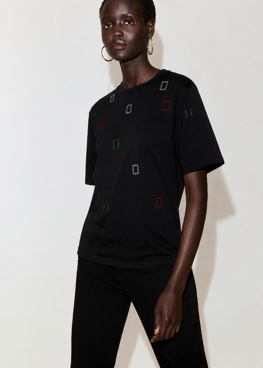 Women Black Embellished  Box Fit Tshirt