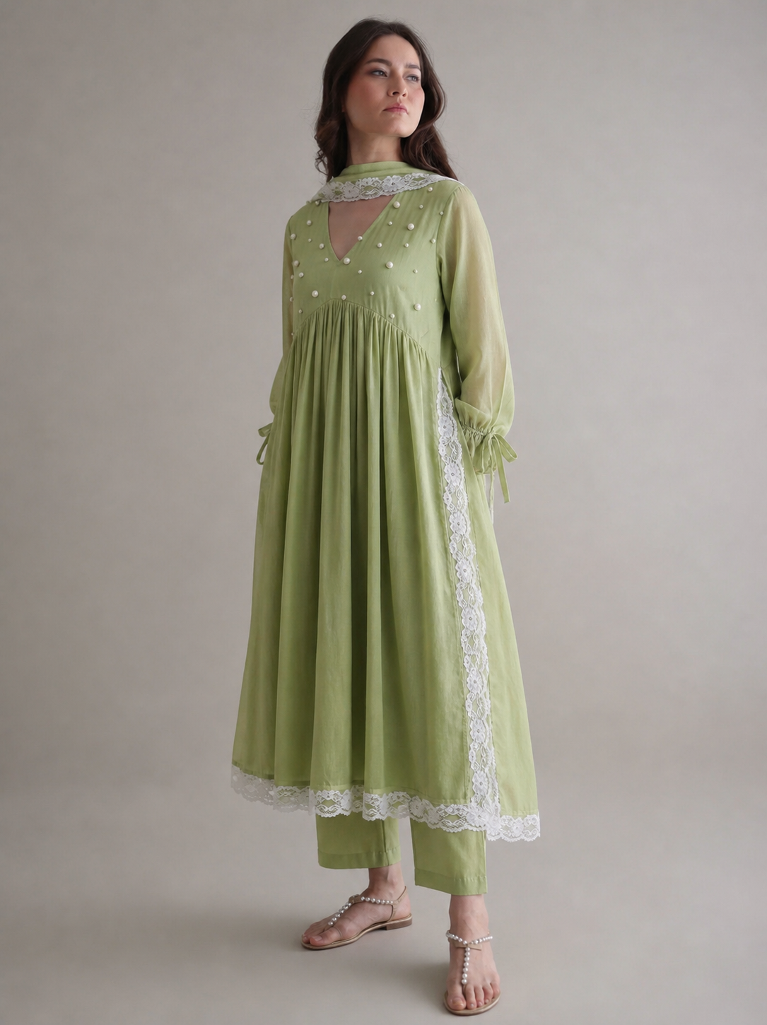 Women Green pearl embellished kurta set with dupatta