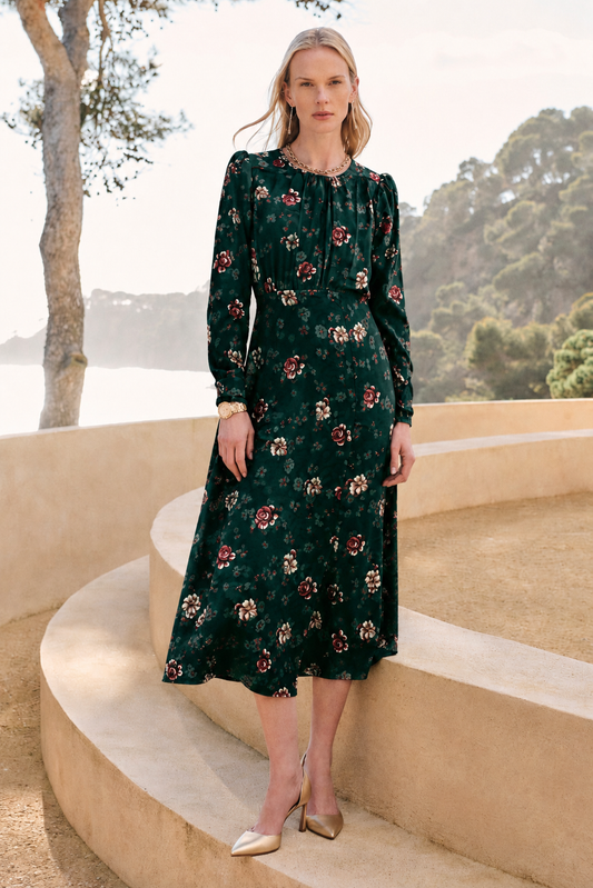 Women Green Floral Flounce Midi Fit&Flare Dress