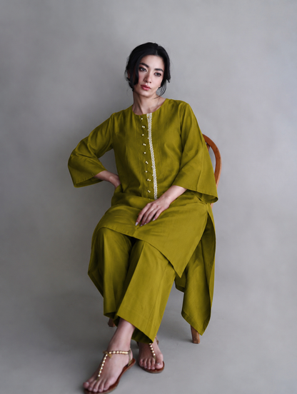 Women Olive Pearl Embellished Kurta Set