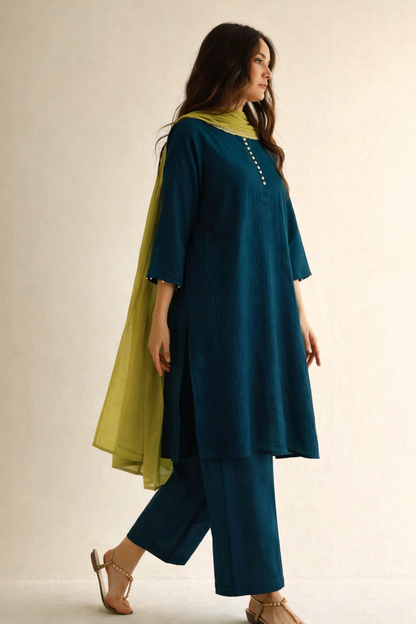 Women Teal Blue Kurta Set with Dupatta