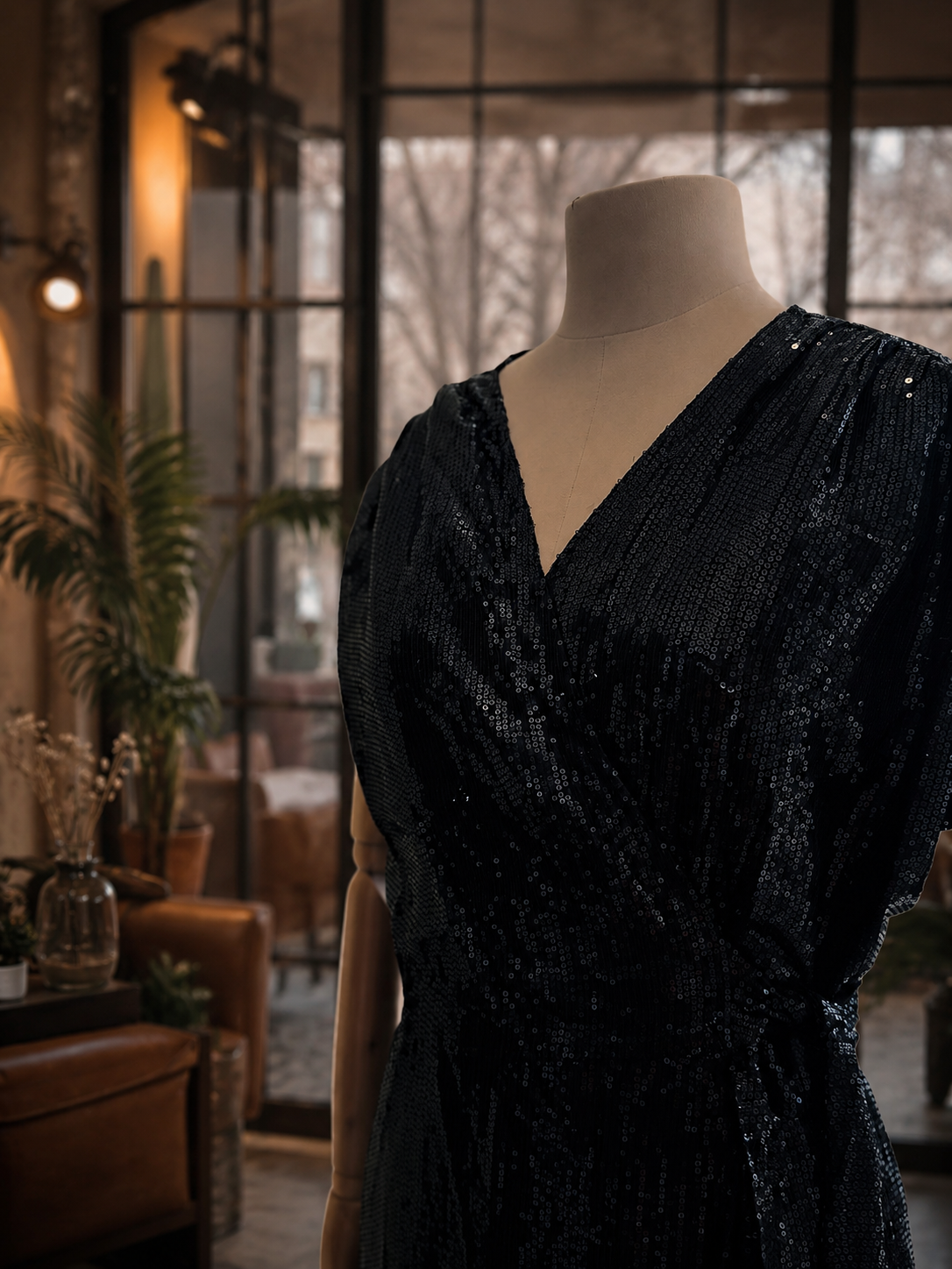 Women Black Sequins Wrap around Dress