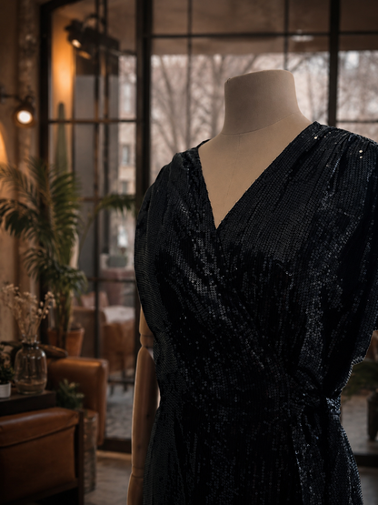 Women Black Sequins Wrap around Dress