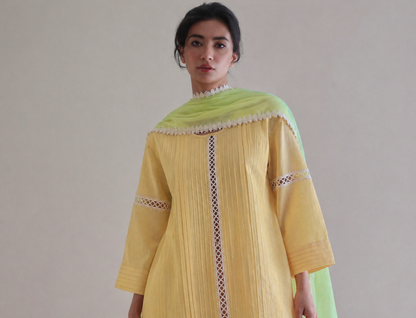 Women Yellow Cotton Kurta Set with Dupatta