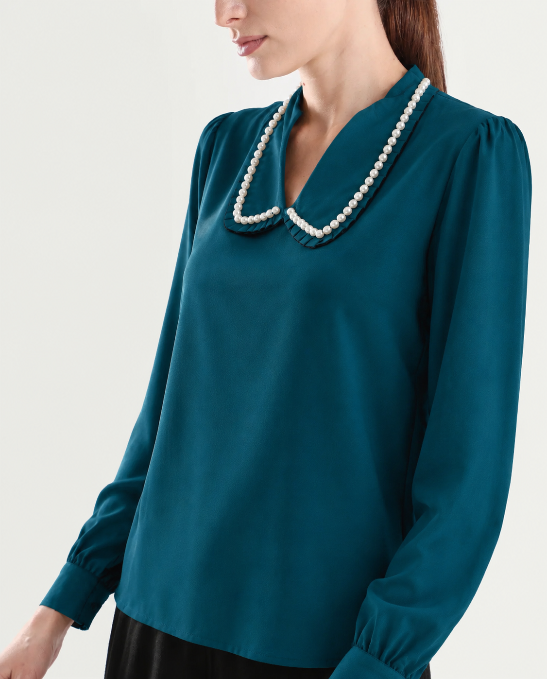 Women Teal Blue Peter Pan Collar Top