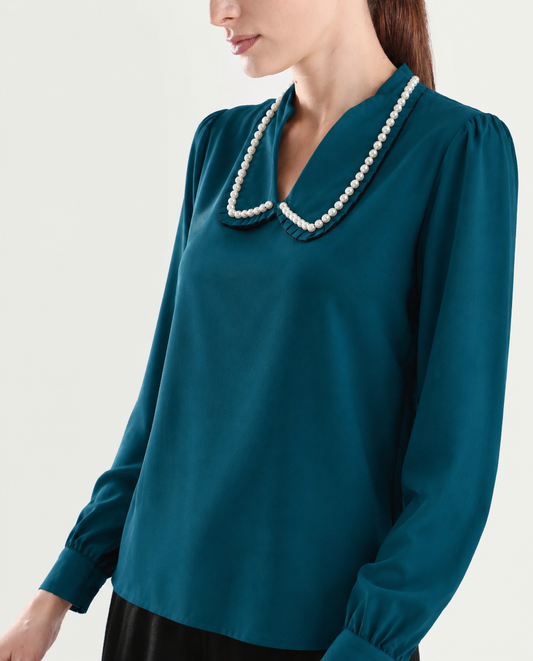 Women Teal Blue Peter Pan Collar Top