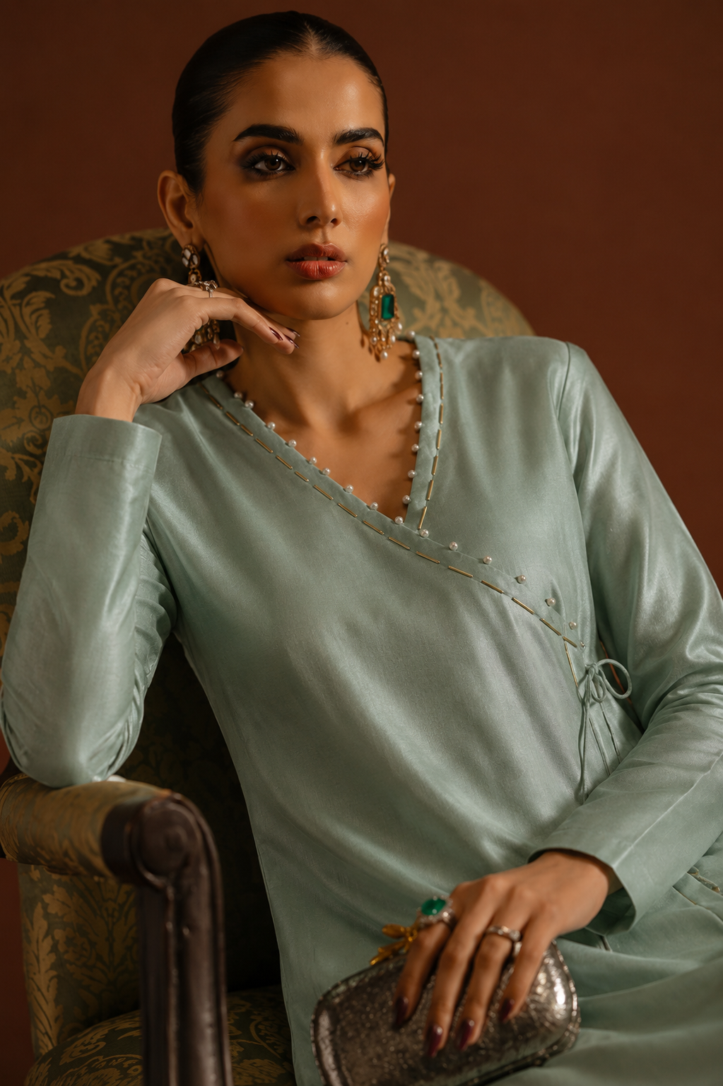 Women Pista green Hand Embroidered Angarkha Kurta Set