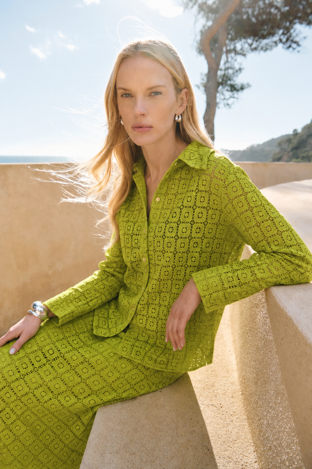 Women Green Crochet A-line skirt and Top