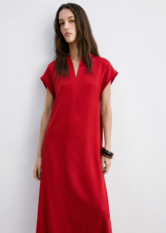 Women Red Satin Side Slit Dress