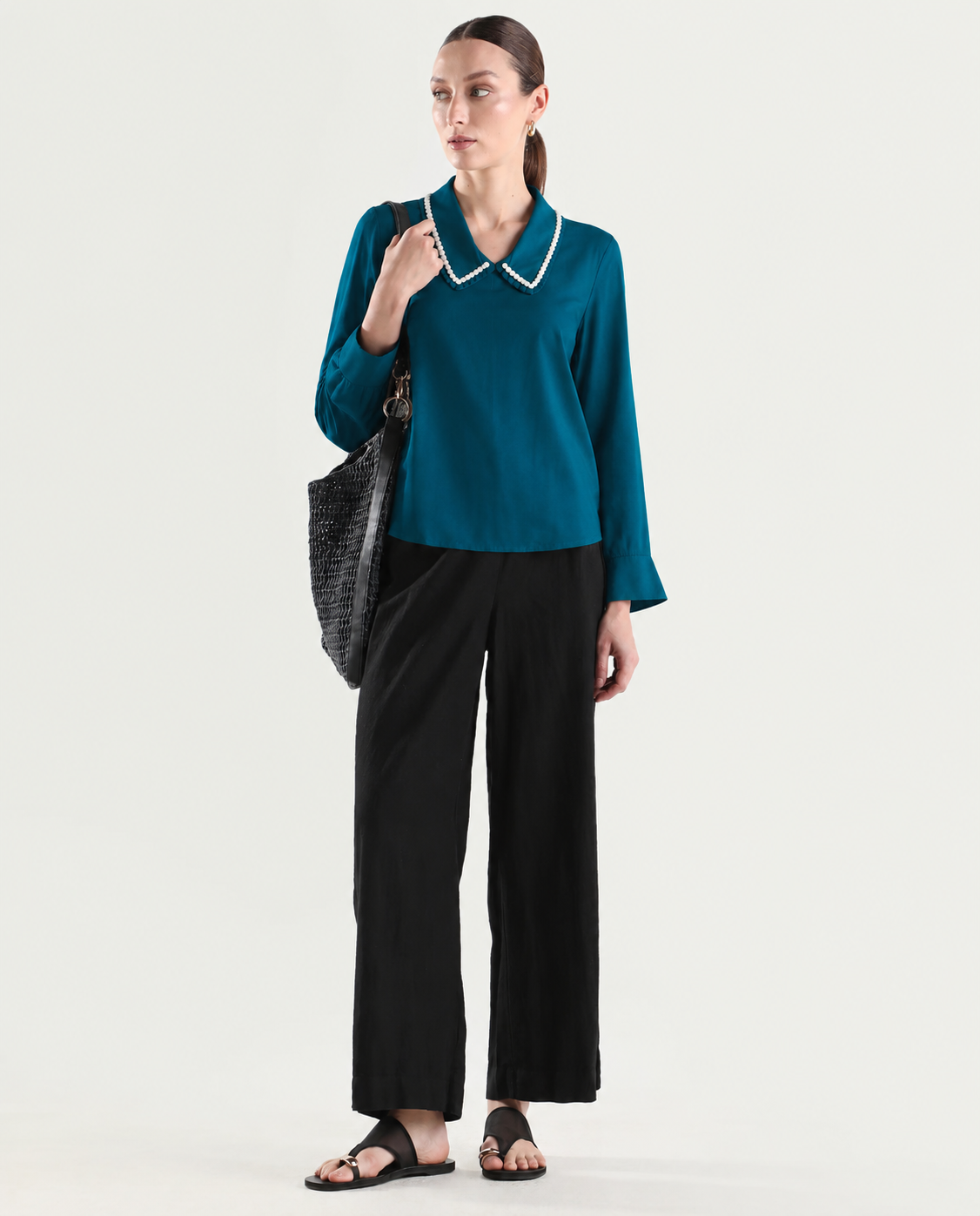 Women Teal Blue Peter Pan Collar Top
