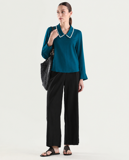 Women Teal Blue Peter Pan Collar Top