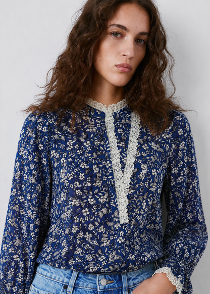 Women Printed Mandarin Collar Ruffled Top
