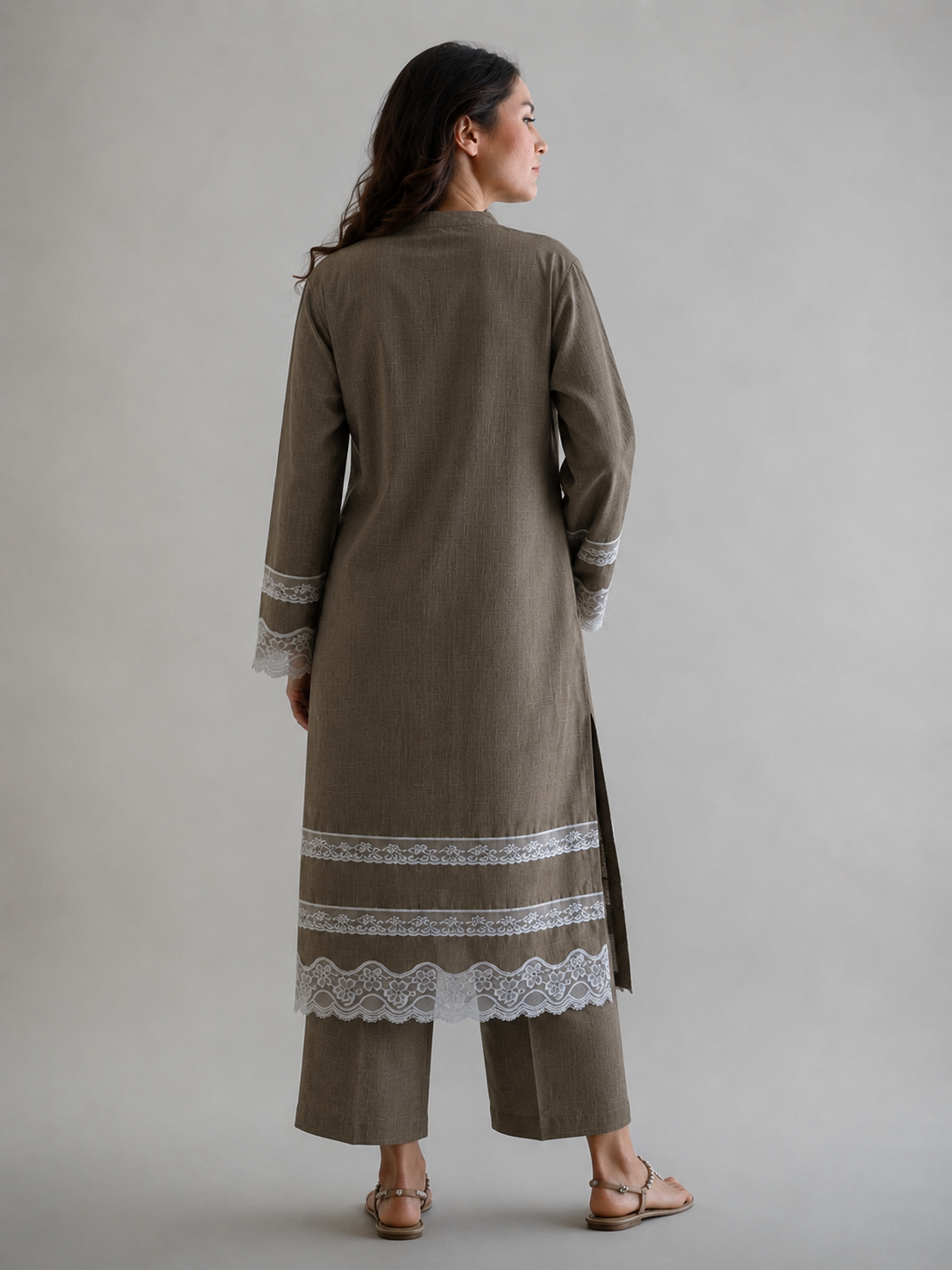 Women Taupe Lace Detailed Kurta Set